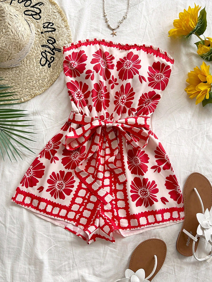 Red Printed Wrap Playsuits