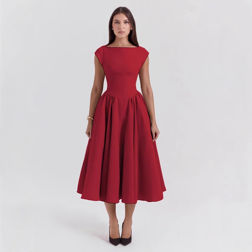 Red Boat Neck Flared Dress