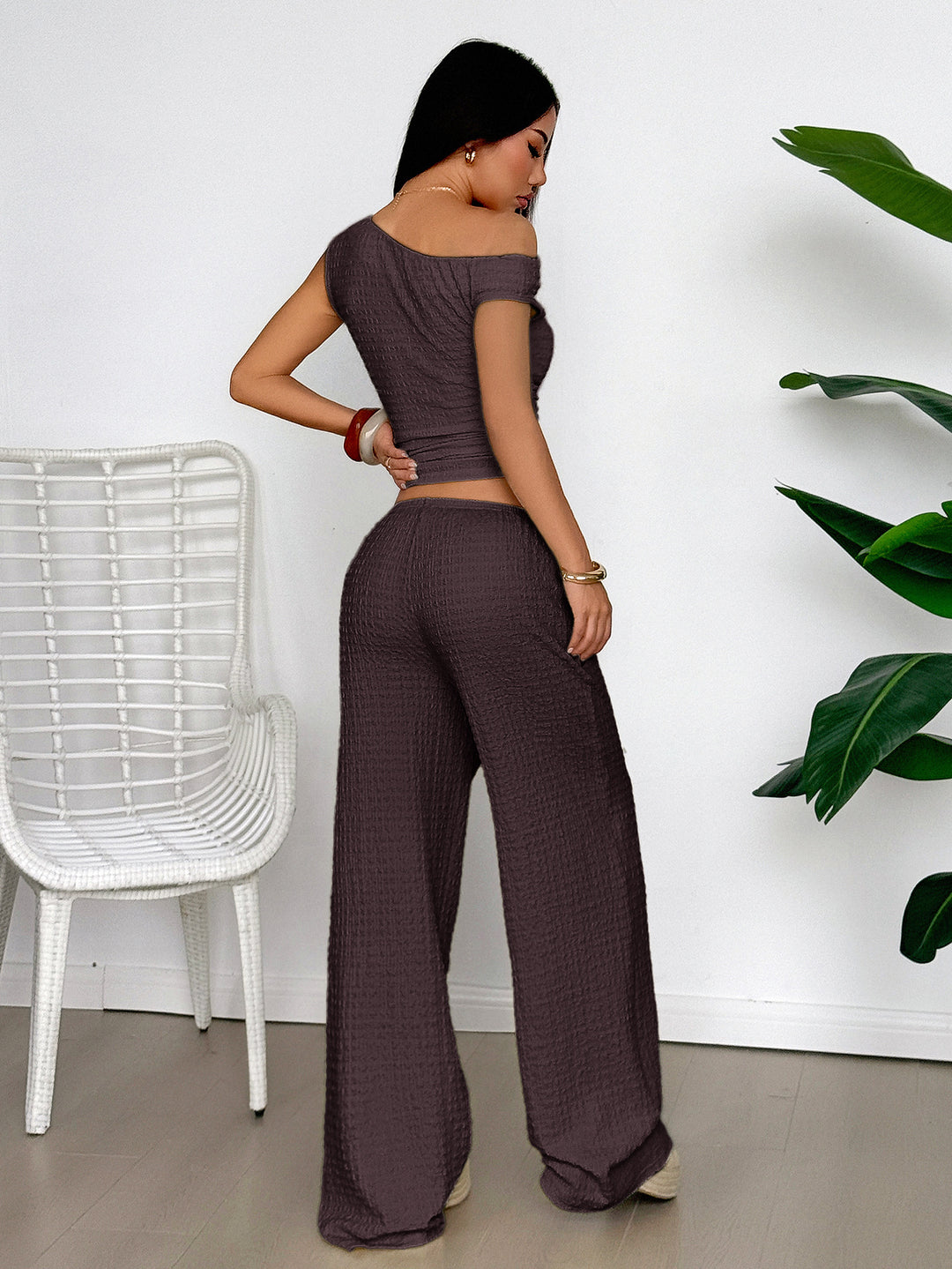 Brown Textured Top And Pants Co-Ord Set