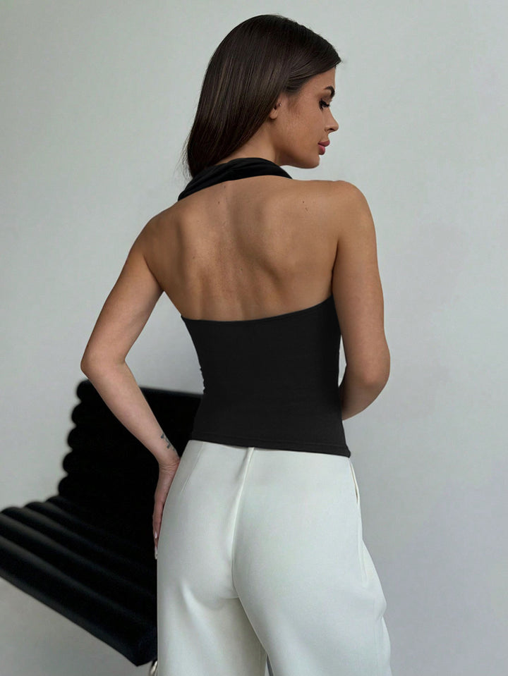 Black  Cross Halter Neck Buckle Attached   Top