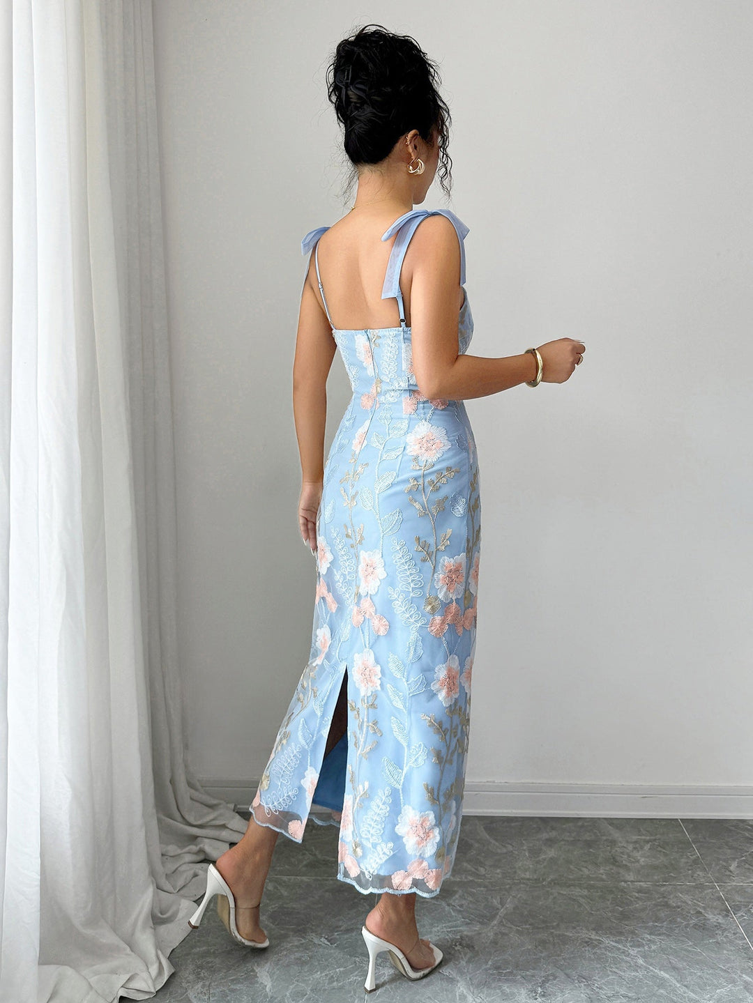 Blue Shoulder Tie Up Embroidered Dress