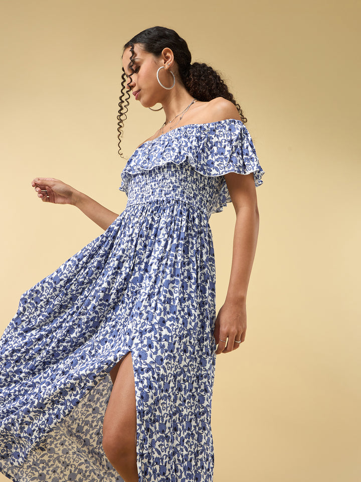 Blue Off Shoulder High Slit Dress