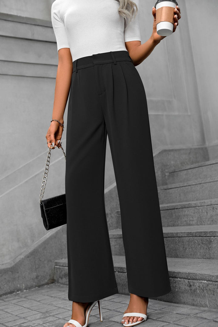 Black Waist Band Pleated Straight Fit Pants