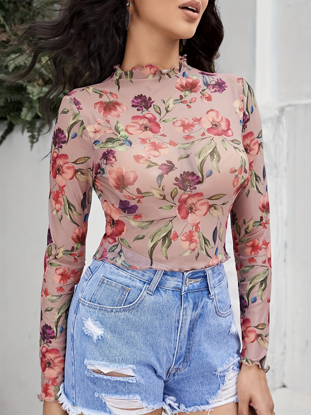 Nude Floral Printed Full Sleeve Semi Sheer Crop Top
