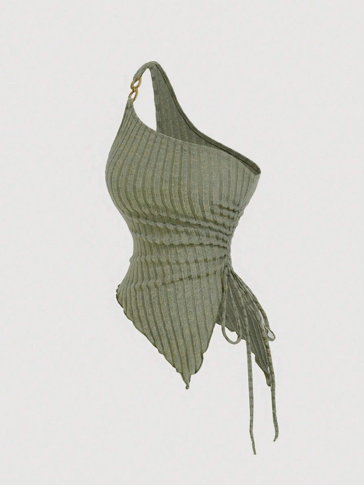 Green One Shoulder Side Ruched Tank