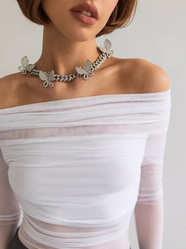 White Off-Shoulder Sheer Mesh Top