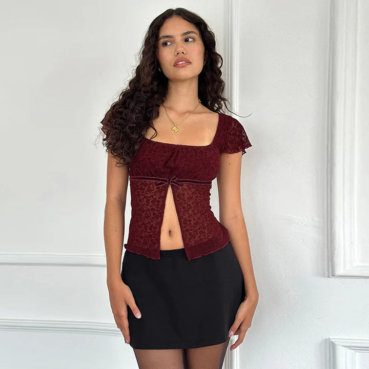 Red Lace Flutter Sleeves Top
