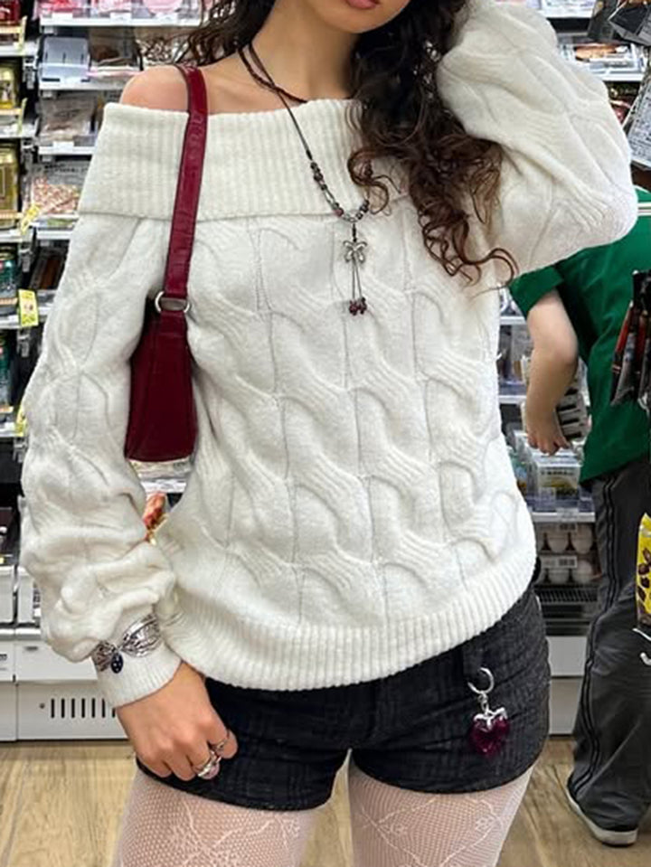 White Classic Cable Knit Turn-Up Neckline Relaxed Sweater