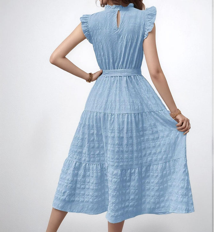 Blue Short Ruffle Sleeve Mock Neck Dress