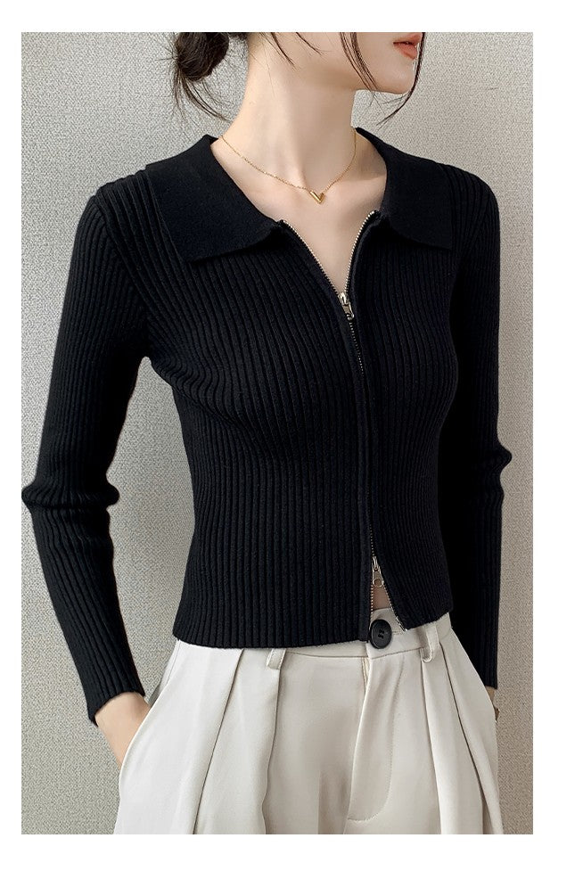 Black Full Sleeve Collared Front Zip Top