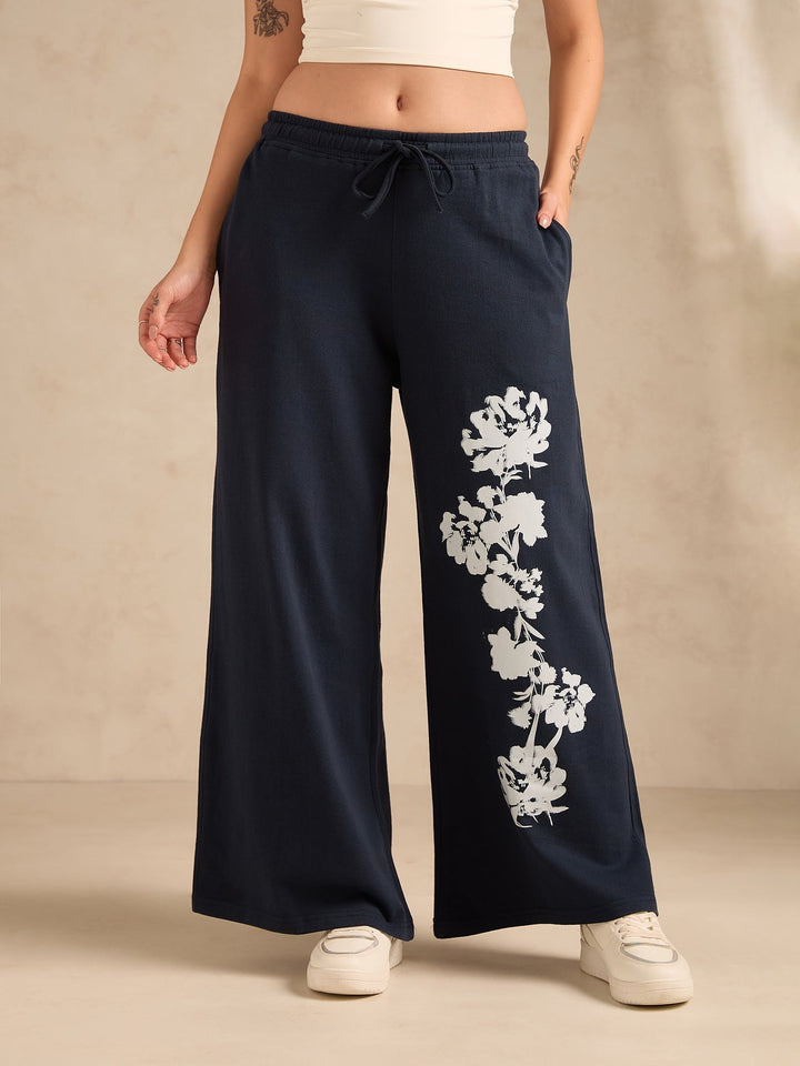 Navy Blue Cuffed Jogger With Side Graphic Print