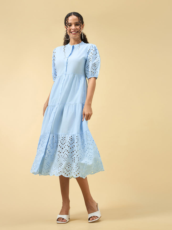 Blue Puff Sleeve Pleated Dress