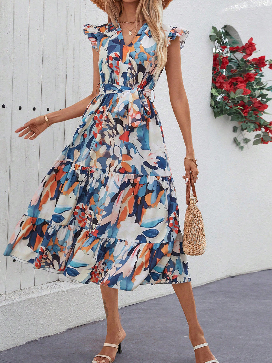 Multi Printed Cap Sleeved Dress