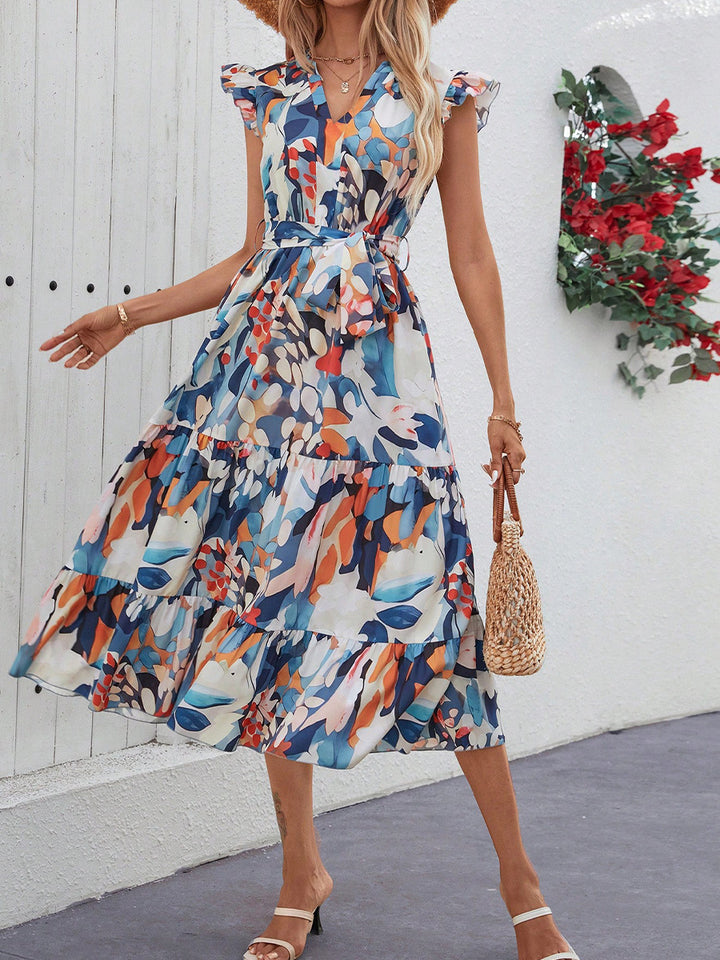 Multi Printed Cap Sleeved Dress