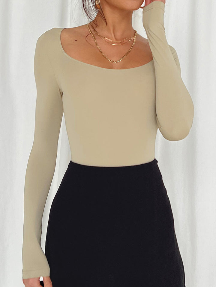Beige Scoop Neck Fitted Ribbed Top