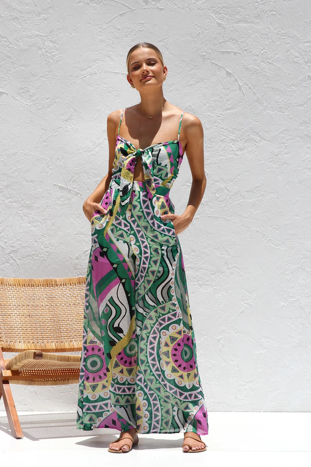 Green Abstract Printed Spaghetti Strap Front Knot Dress