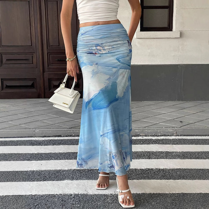 Blue Ruched Fishtail Printed Skirt