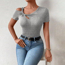 Grey Short Sleeve Neck Detail Top