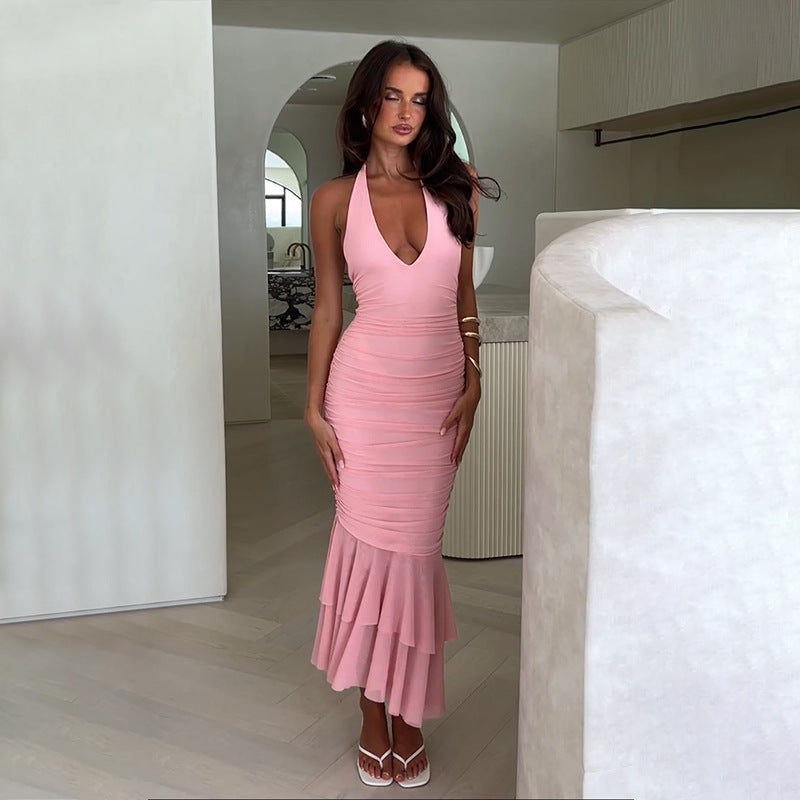 Pink Halter Neck Tiered Ruffle Dress