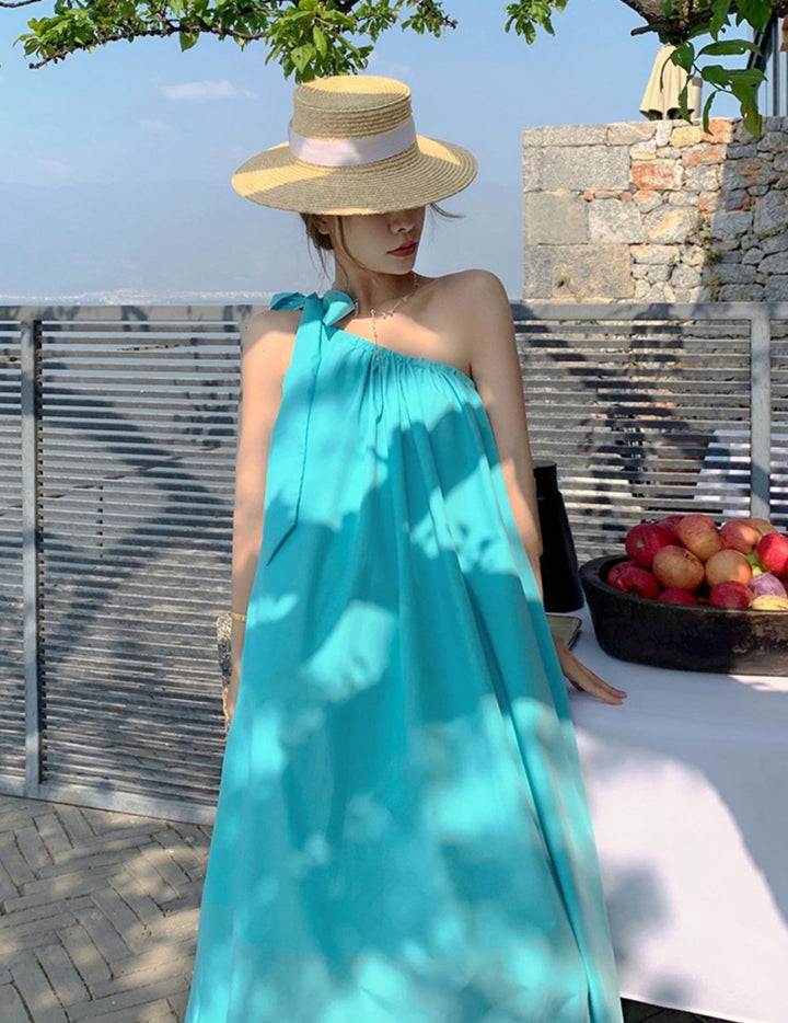 Blue One Shoulder Tie Up Flared Midi Dress