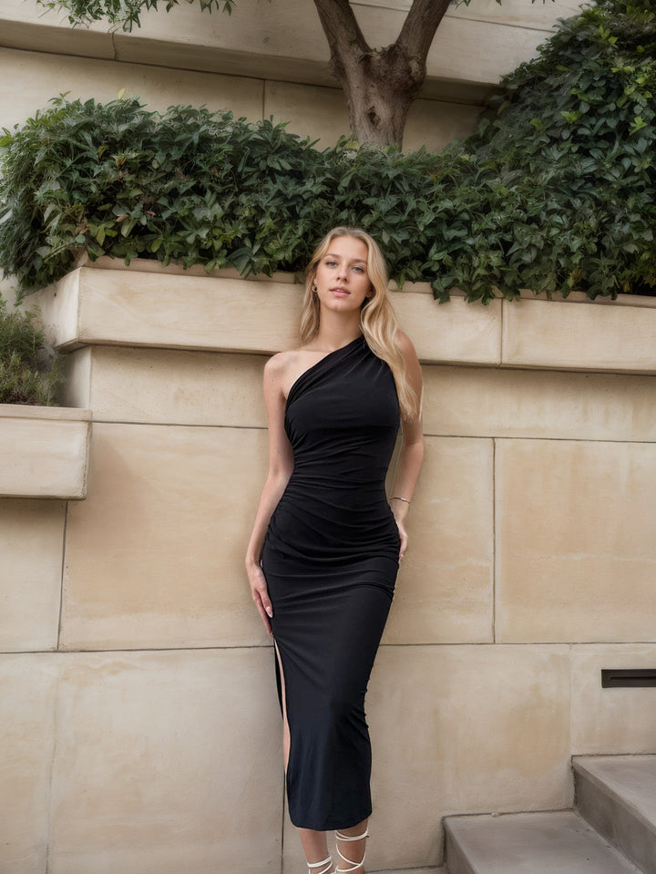 Black One Shoulder Slit Dress