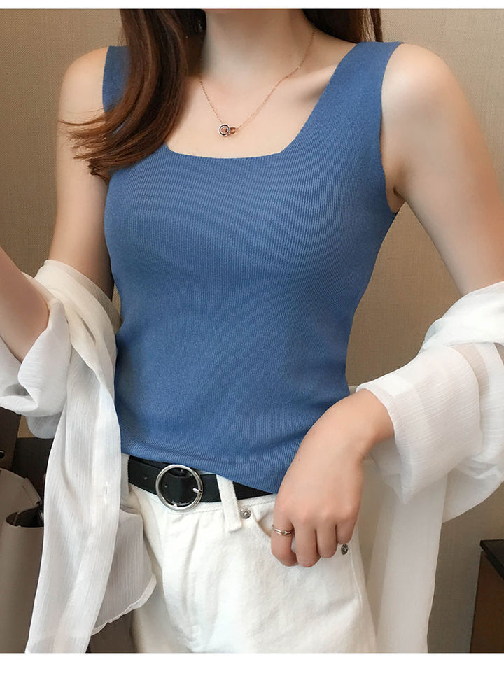 Blue Shoulder Strap Basic Fitted  Top
