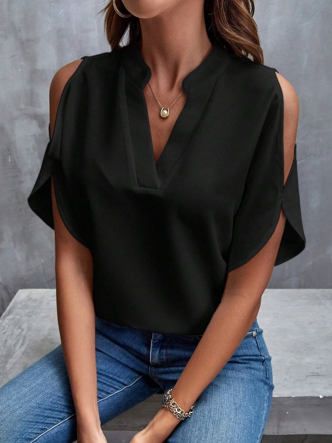 Black Mandarin Collar Cold Shoulder Top
