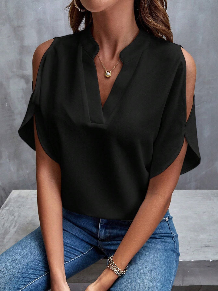 Black Mandarin Collar Cold Shoulder Top