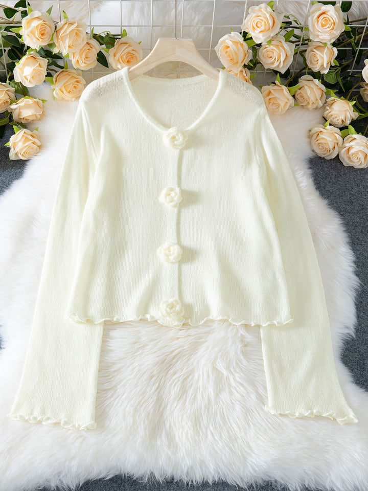 Off White Full Sleeves Flower Button  Solid Cardigan