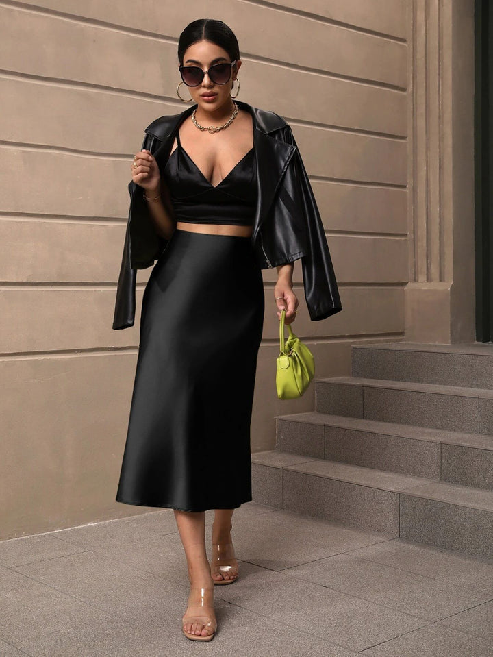 Black Sleek Satin Midi Skirt