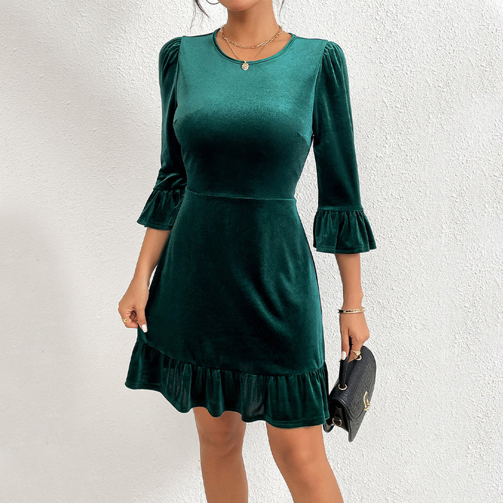 Green High Neck Velour Skater Dress