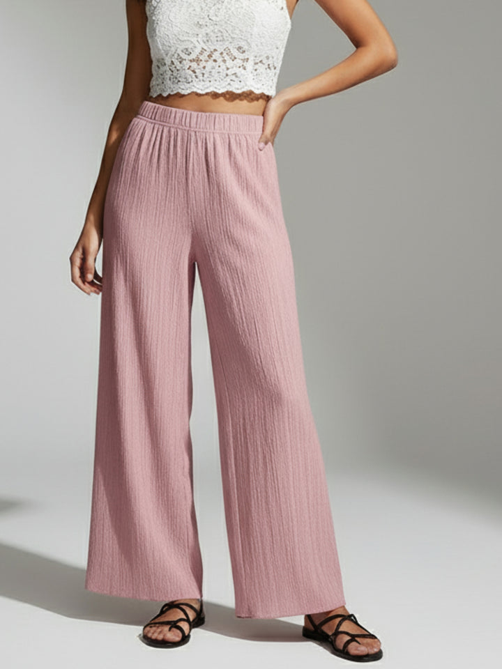 Pink Flat Waistband Textured Wide Leg Trouser