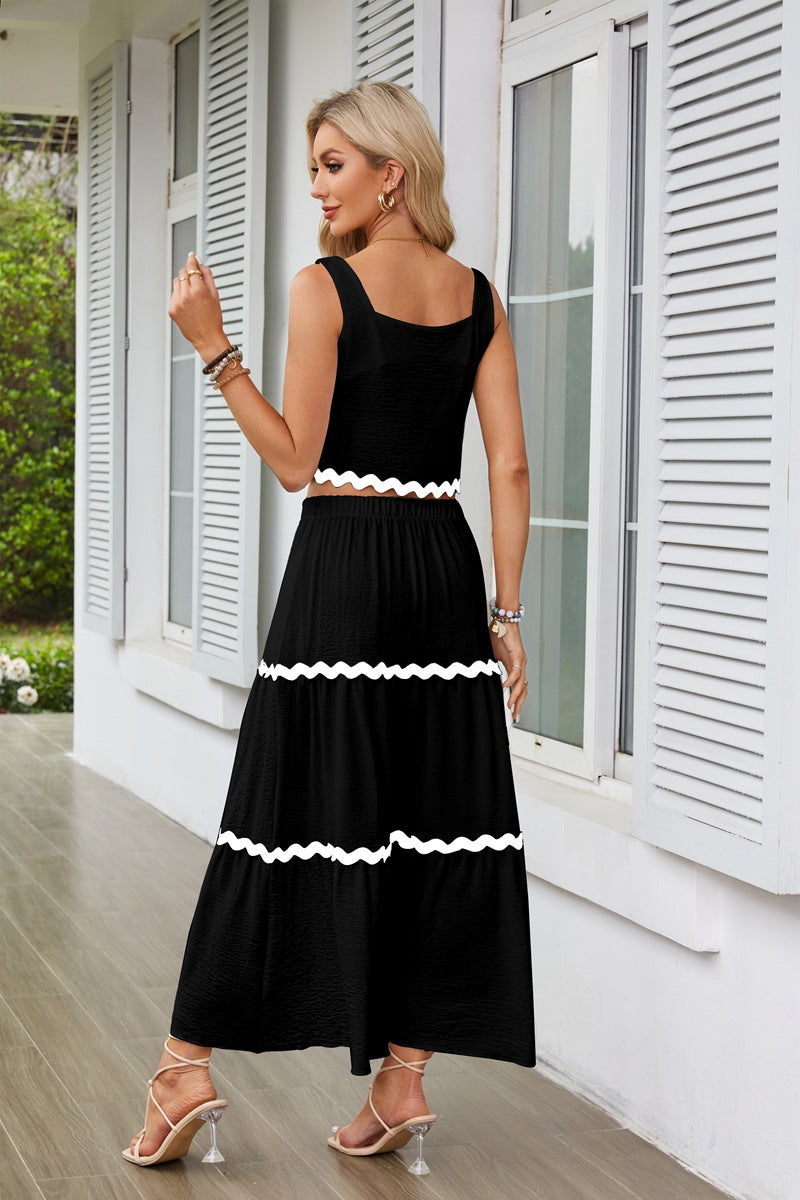 Black Contrast Tipping Top And Skirt Co-Ord Set