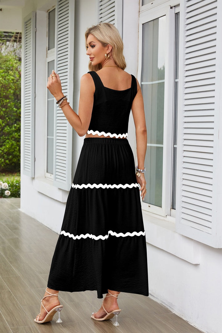 Black Contrast Tipping Top And Skirt Co-Ord Set