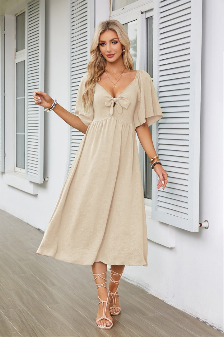 Beige Flutter Sleeved Bow Detailed Neck Dress