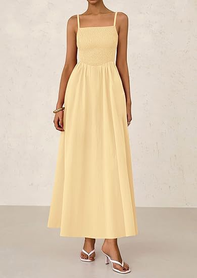 Yellow Strappy Square Neck Cinched Waist Dress With Pockets