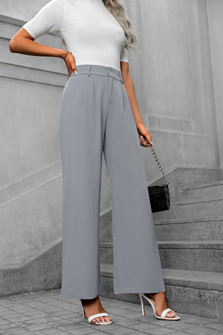 Grey Waist Band Pleated Straight Fit Pants