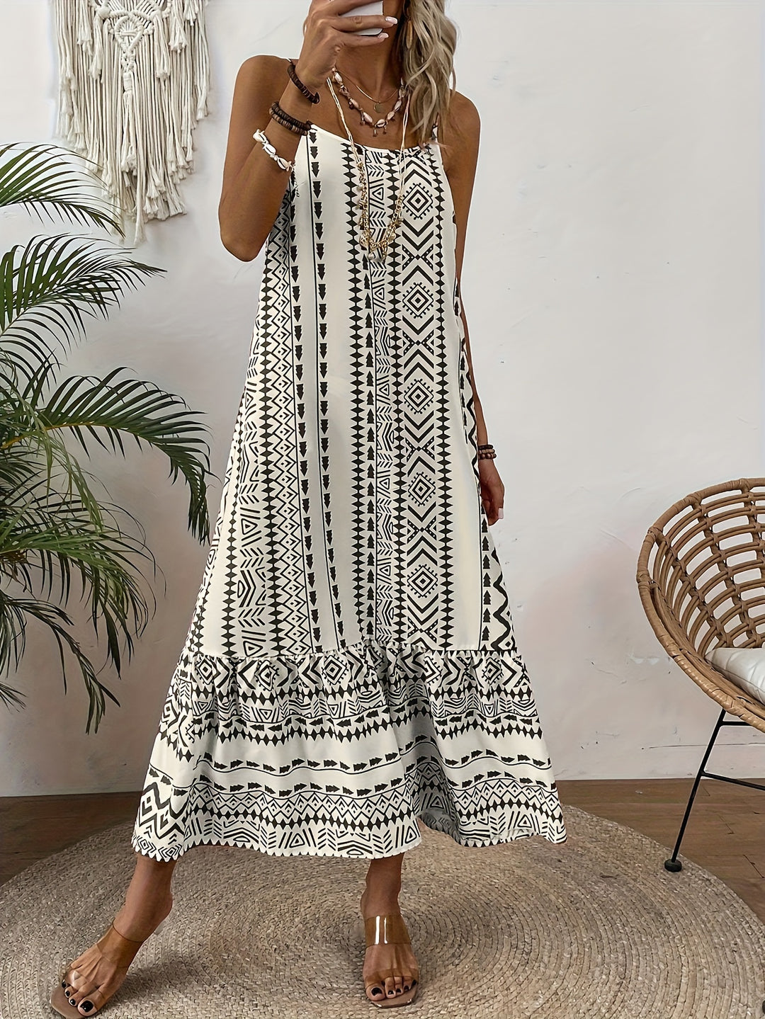 Off White Spaghetti Strap Printed Dress