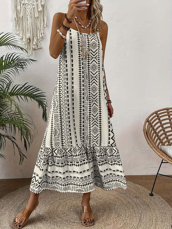 Off White Spaghetti Strap Printed Dress