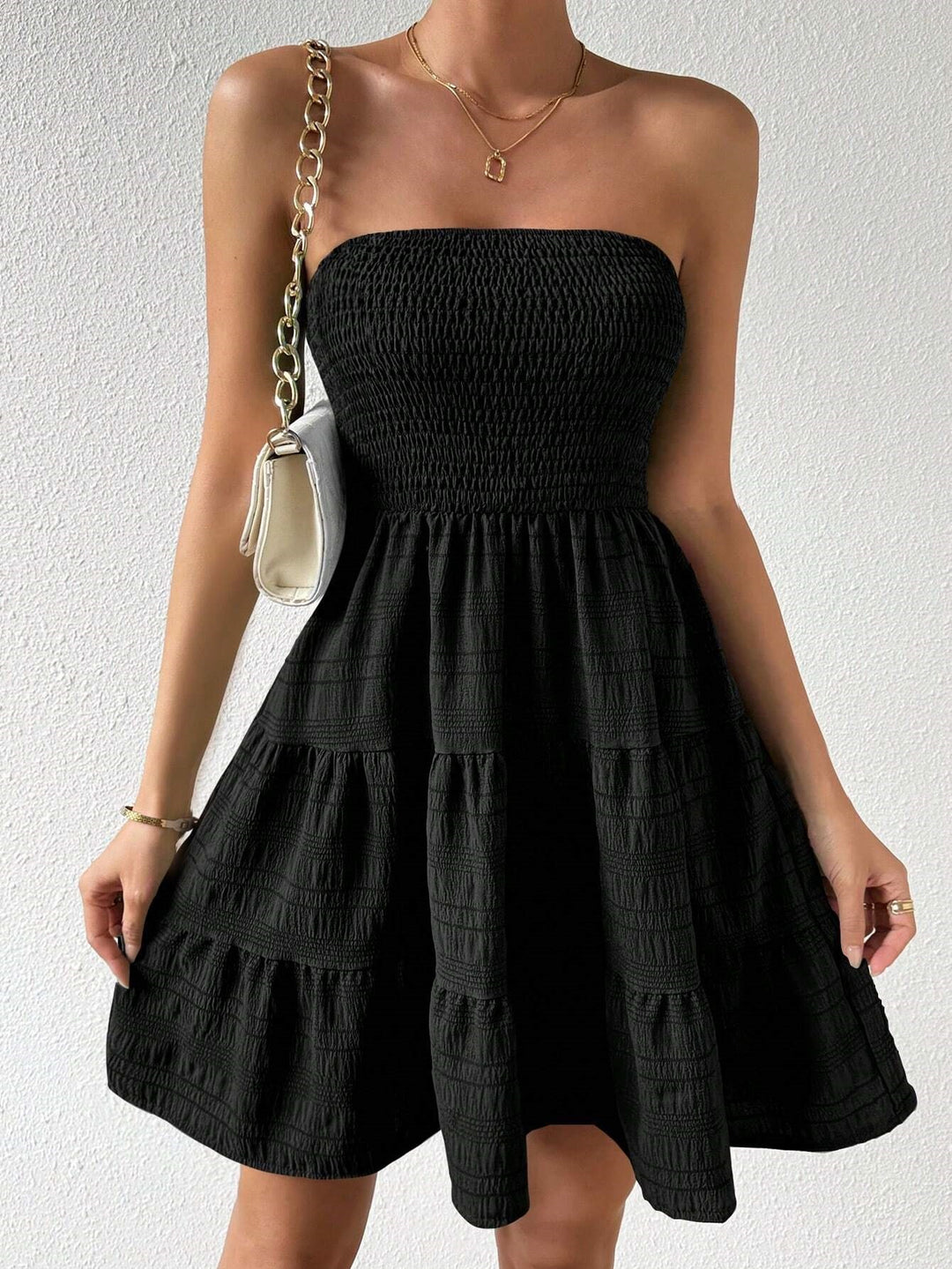 Black Front Ruched Tiered Dress