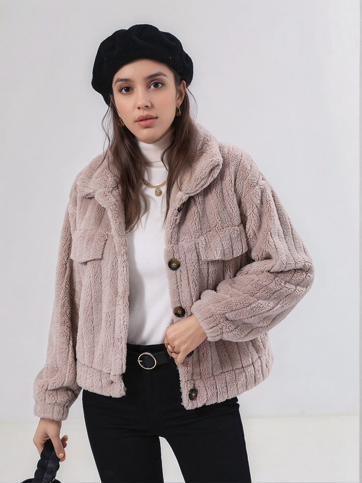 Beige Full Sleeve Buttoned Textured Jacket