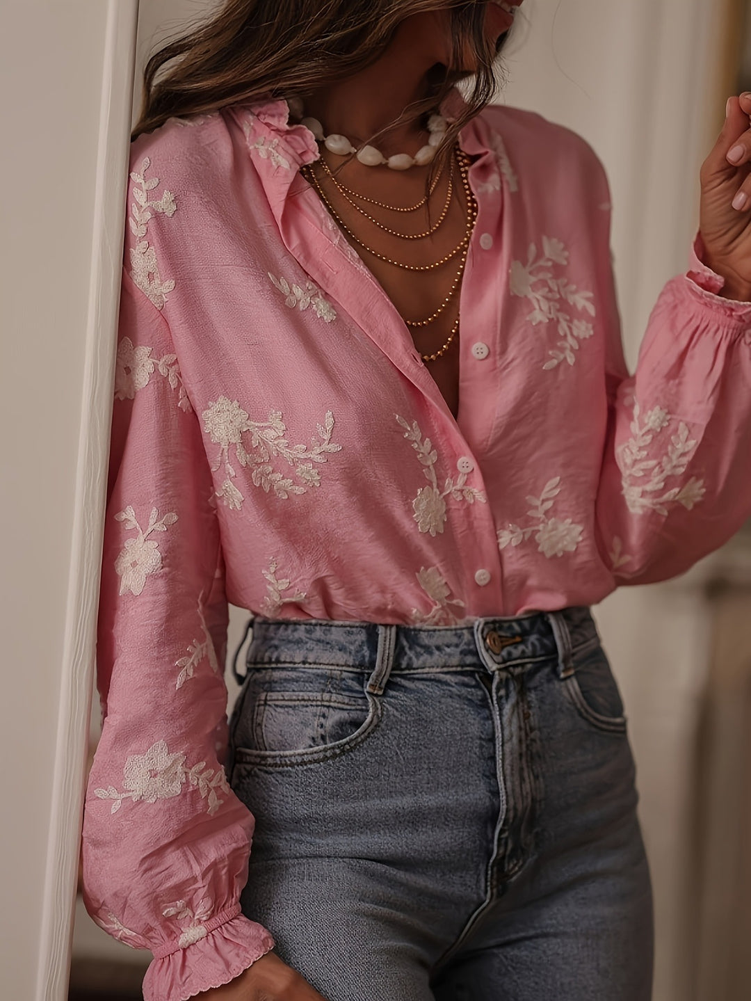 Pink  Bishop Sleeve Front Buttoned Embroidered Top