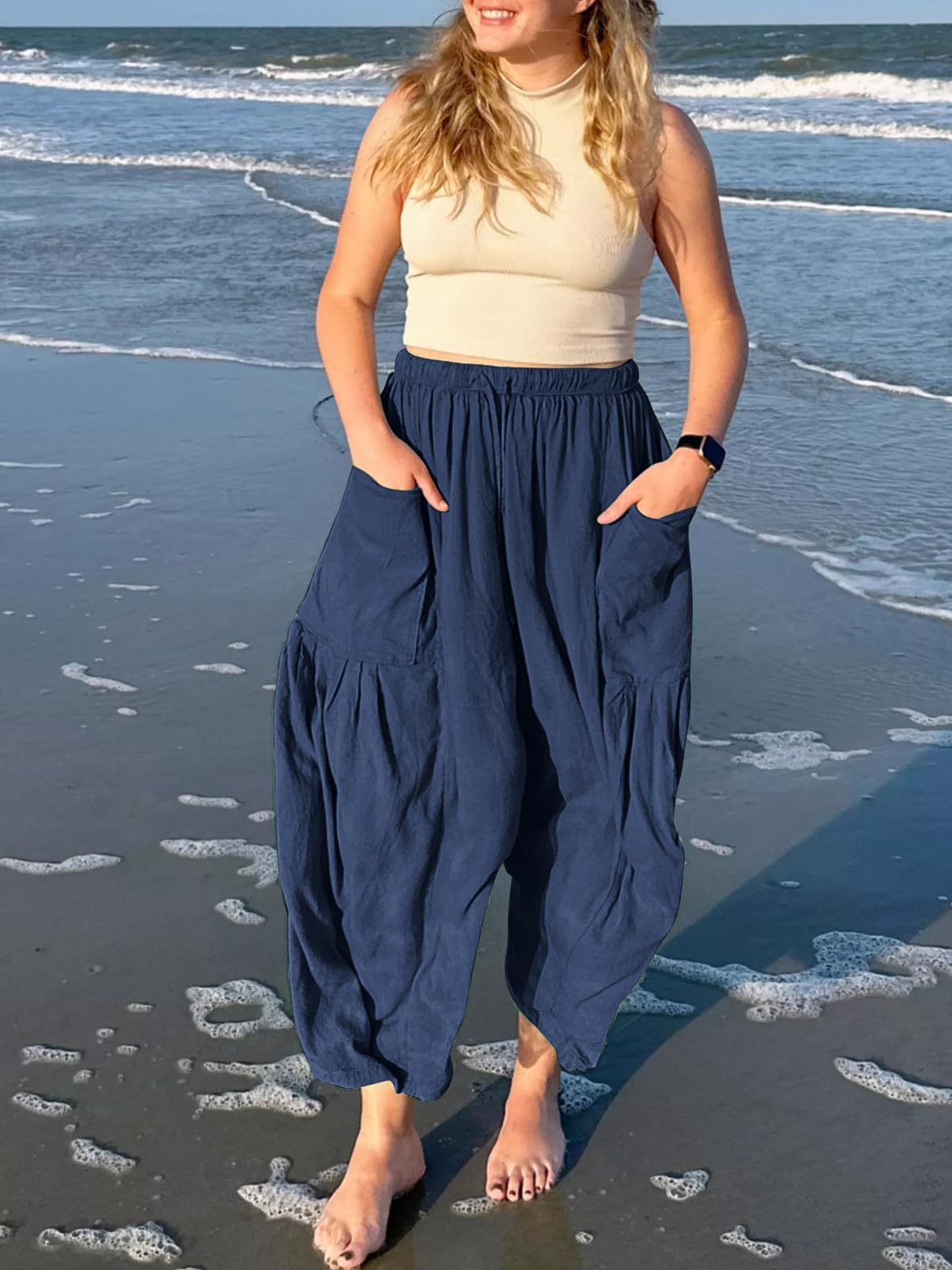 Blue Wide Leg Casual Cargo Pants