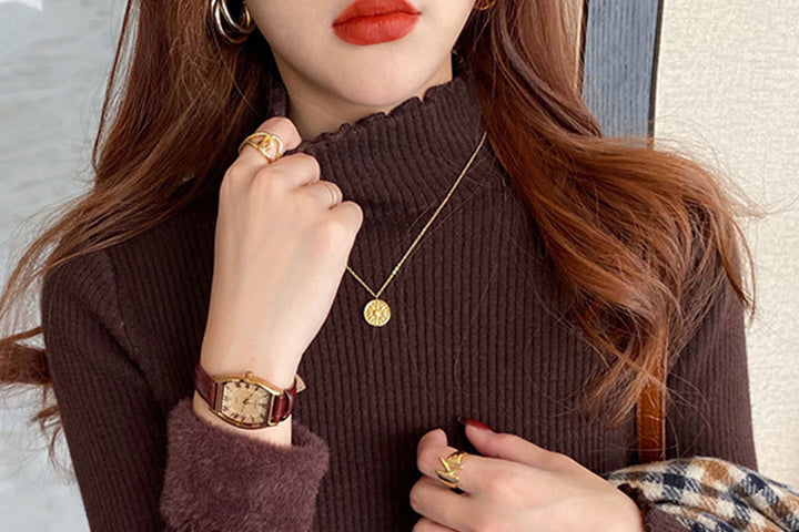 Burgundy Full Sleeve Scallop Hem Mock Neck Fitted Sweater