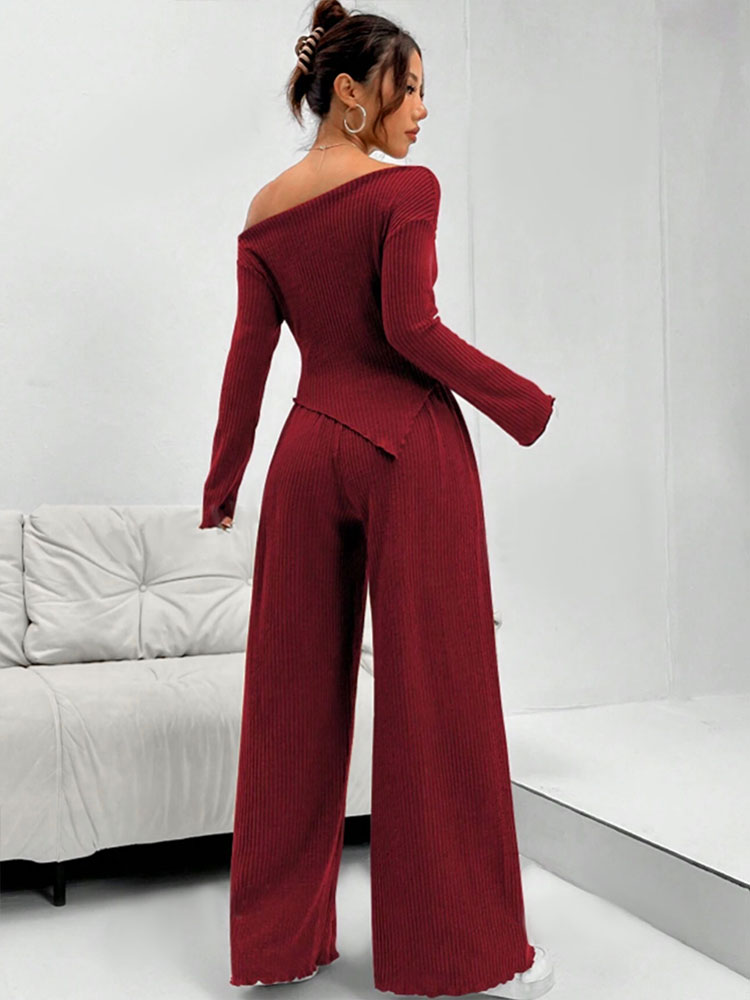 Wine Bardot Top With Flared Pant Coord Set