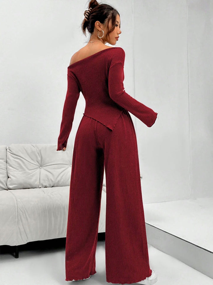 Wine Bardot Top With Flared Pant Coord Set