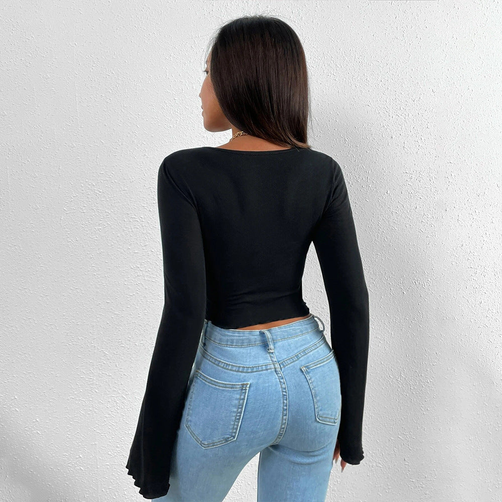 Black Bell Sleeve Asymmetrical Hem Top