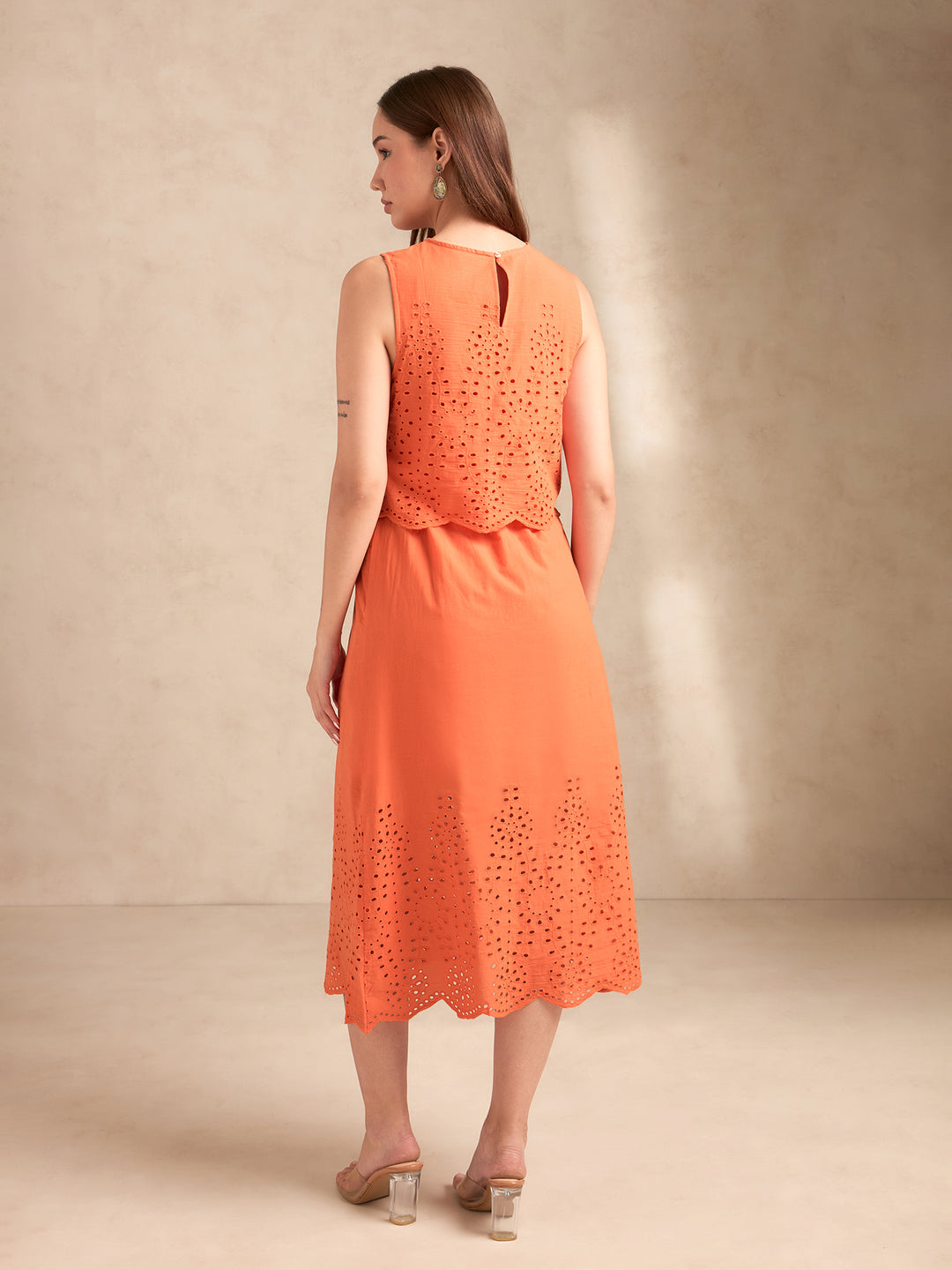 Orange Sleeveless Schiffli Maxi Dress