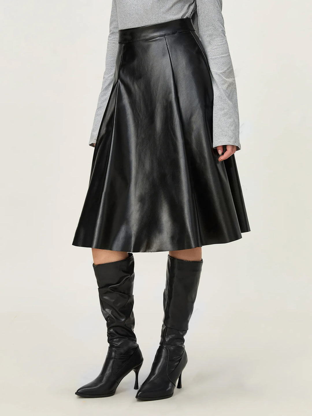 Black Pu Flared Midi Skirt