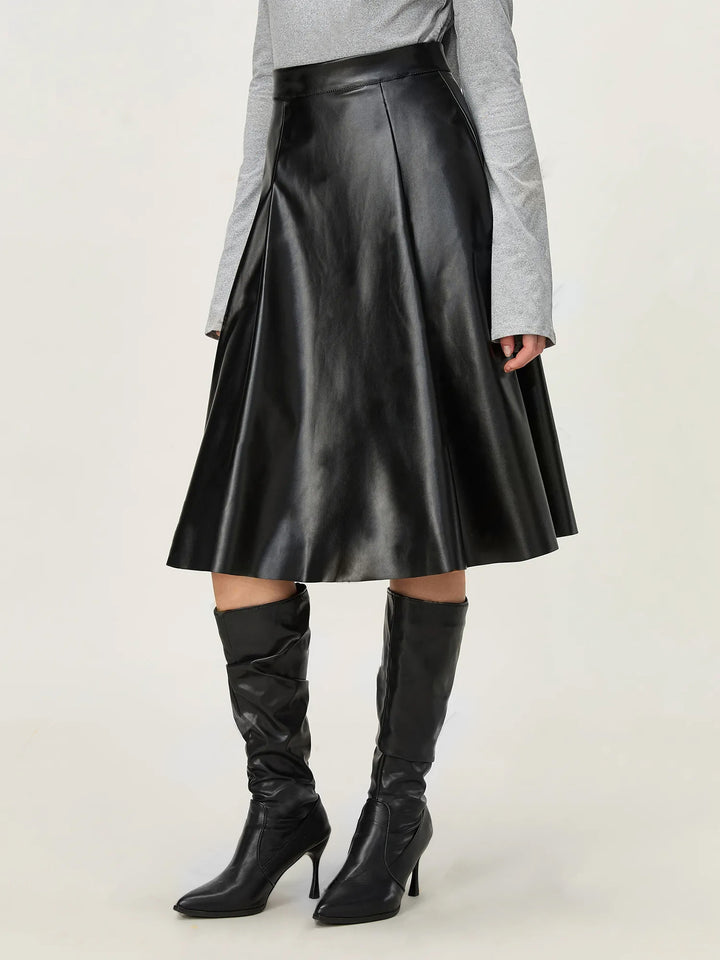 Black Pu Flared Midi Skirt
